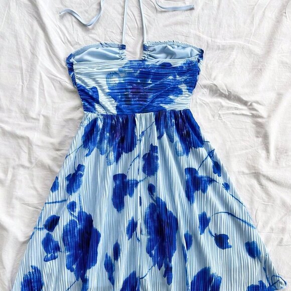 Blue Boho Women's Vacation Tie Dye Floral Print A-Line Bow Tie Mini Dress - Picture 2 of 5